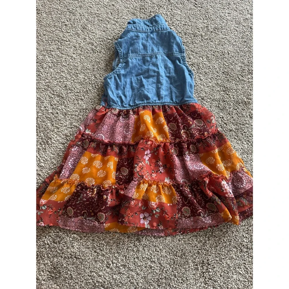 Knitworks Girls XXS Denim Patchwork Tiered Sleeveless Boho Dress Orange Red